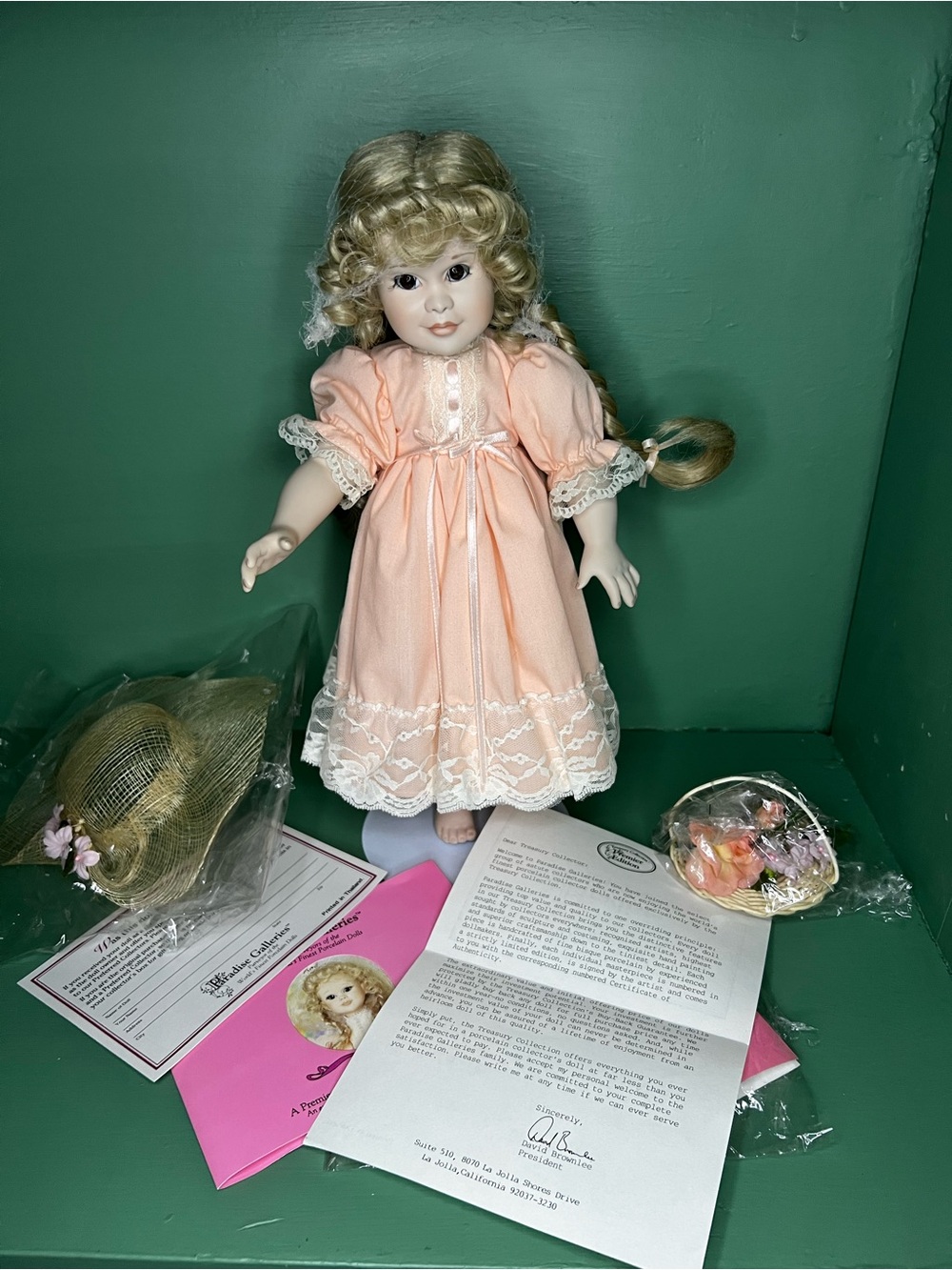 Porcelain Doll in Peach Lace Dress (Brand Not Visible)